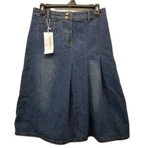 Tanming M Skirt Blue Jean Denim Pocket Pleated Midi Faded Streaks Yellowstone